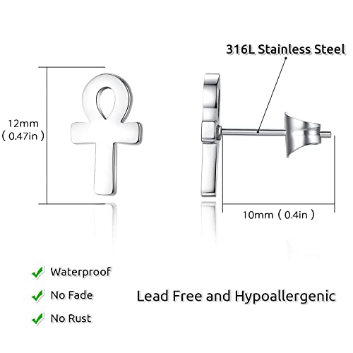 REVEMCN 925 Sterling Silver and Stainless Steel Cross Stud Earrings for Women Men, 3 Pairs - color: White Ankh Earrings