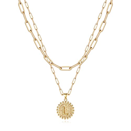 Yoosteel Layered Initial Necklaces for Women Trendy - 14K Gold-Plated Dainty Layering Paperclip Chain Coin Initial Necklace Jewelry Gifts for Women Mom Wife Teen Girls - color: Gold, style: L