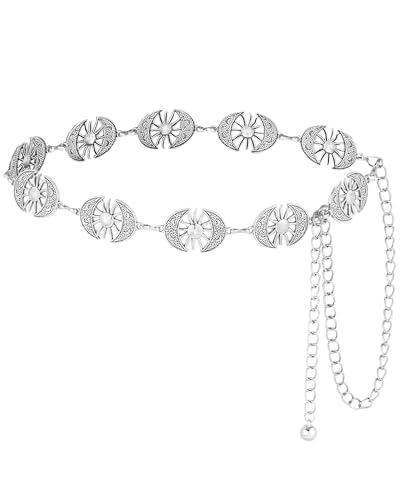 AWAYTR Chain Belt for Women – Adjustable Boho Metal Waist Chain Belt Gold Sliver for Dresses Jeans Country Concert Outfit - color: Sliver-sun & Moon