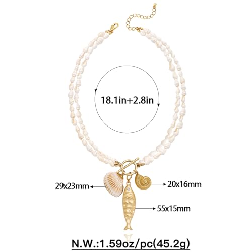 Gold Fish Necklace For Women Blued Beaded Strand Toggle Necklace With Gold Fish Pendants Dainty Summer Beach Turquoise Jewelry - style: Puka Shell