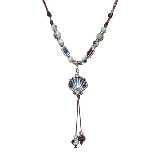 Boho Style Colorful Ceramic Bead Strand Necklace Adjustable Bohemian Jewelry Gift for Women, Fashion Clothing Matching Necklace - color: Kiln Changed Green