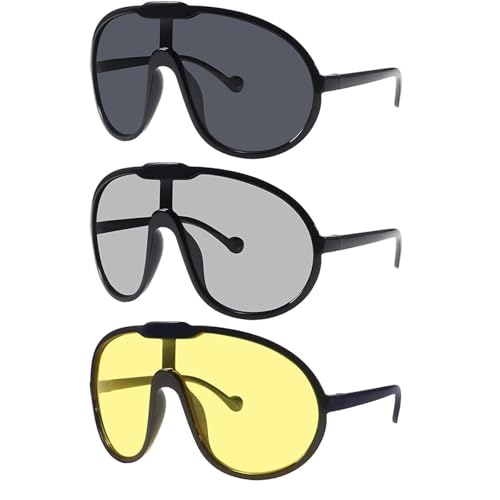 Dollger Oversized One Piece Sunglasses For Women Fashion Men Wrap Around UV400 Shield Goggles - color: 3 Packs: Black+yellow+grey