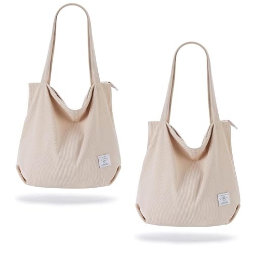 KALIDI Women Corduroy Tote Bag Zipper Casual Tote's Handbag Big Capacity Shoulder Bag with Pockets - color: White+white