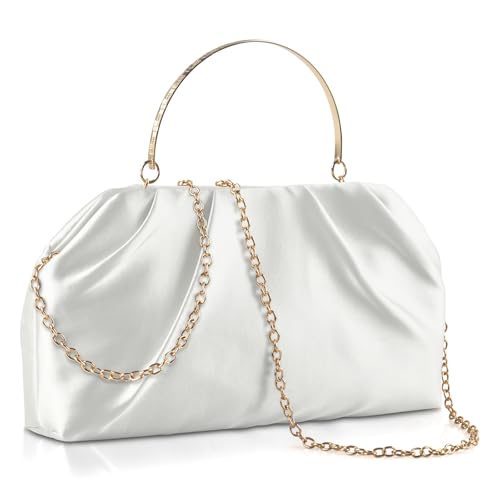 ERKOON Clutch Purse for Women Elegant Pleated Evening Bag Crossbody Shoulder Handbag Envelope Bag with 2 Detachable Chain - color: White