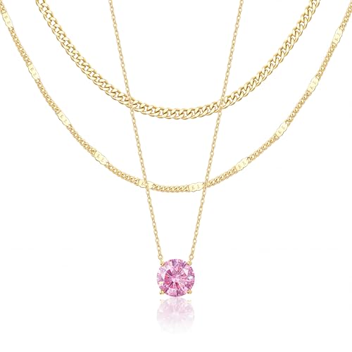 WomenGifts Layered Gold Necklaces for Women, 14K Gold Sterling Silver Plated Dainty Pendant Necklace Set Non Tarnish, Chunky Stackable Cuban Chain Choker, Trendy Birthstone Vacation Jewelry Gift - color: Gold, style: Cubic Zirconia-Created Pink Tourmaline
