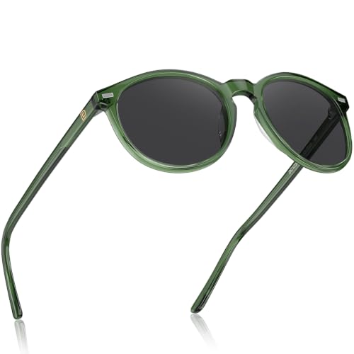 DUCO Women's Trendy Retro Round Acetate Polarized Sunglasses, UV400 99% Glare Block, Lightweight for Daily & Outdoor - color: 6. Transparent Green Frame Grey Lens