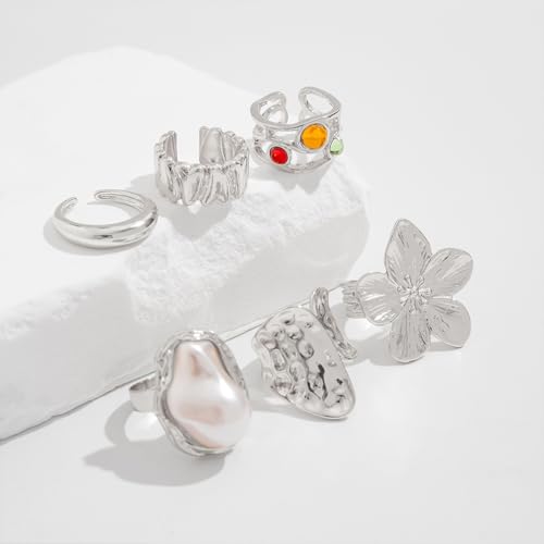 6Pcs Gold Flower Crystal Chunky Knuckle Rings Stacked for Women, Statement Stack Zirconia Hammered Geometry Irregular Baroque Pearl Open Ring Jewelry Gift - color: Silver