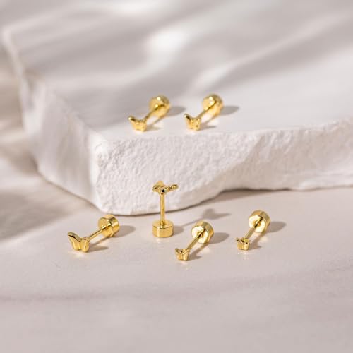 VRIUA 20G Tiny Flat Back Earrings for Women - 14K Gold/Silver Plated Small Flat Back Stud Earrings Hypoallergenic Cartilage Helix Piercing Jewelry - color: 4/5/6mm-Butterfly Flat Gold