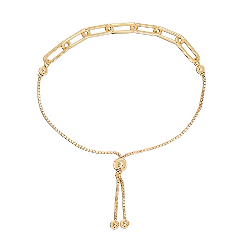 LeCalla Pure 925 Sterling Silver Italian Paperclip Link Chain Bracelets | Gold Over Silver Paper-Clip Link Station Bracelet | Sliding Bolo Bracelet for Women - color: Yellow-Gold PaperClip Bolo