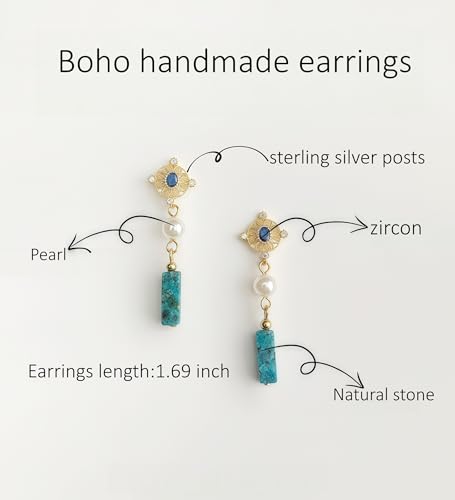 Boho Earrings for Women Natural Stone Beaded Handmade Vintage Dangle Earrings Bohemian Lightweight Hypoallergenic Jewelry for Dailywear Festival Occasions - color: light blue boho