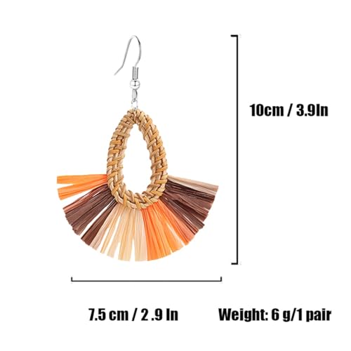 Boho Summer Beach Earrings for Women Lightweight Straw Wicker Earring Statement Raffia Fan Round Tassel Dangle Drop Earrings Hawaii Jewelry - style: Orange Teardrop