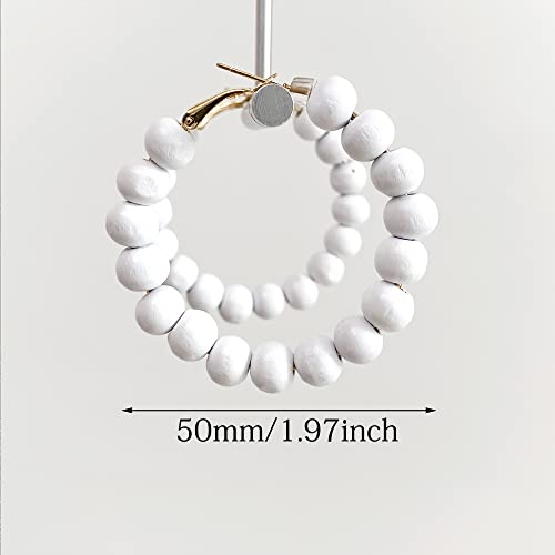 Handmade Nature Wooden Beaded Hoop Earrings Bohemian Minimalist Colorful Circle Round Wood Bead Earrings Vintage Chic Wooden Ethnic Dangle Drop Earrings for Women Statement Jewelry Gifts - color: White