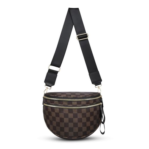 Checkered Crossbody Bag for Women Bum Bag Spacious Nylon Fanny Packs Cross Body Shoulder Purses Bag Handbags - color: Mocha Checkered