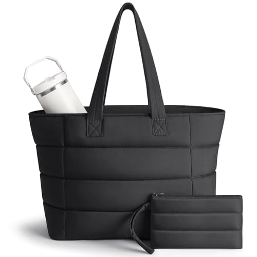 Puffer Tote Bag with Pouch, Women's Lightweight Quilted Shoulder Bag, 15.6"/17.3 Laptop Travel Weekender for Work & Nurses - color: Black, size: Large