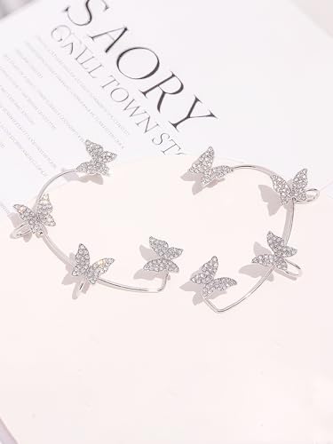 2Pcs Rhinestone Butterfly Earrings Ear Cuffs Non-Pierced Fake Earrings Butterfly Climber Wrap Around Earring Dainty Adjustable Ear Clip Jewelry for Women - color: StyleA-2 Pairs-Silver