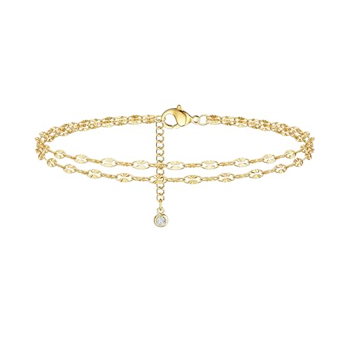 Tewiky Sterling Silver Plated Ankle Bracelets for Women,Dainty Layered Waterproof Anklet for Women Adjustable Sparkly Herringbone Beaded Rope Chain Set Stackable Cute Summer Beach Jewelry Gift - color: gold3