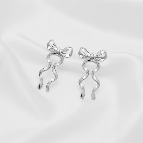 Gold Silver Bow Drop Earrings for Women Long Tassel Chain Bow Earrings Ribbon Bowknot Dangle Earrings Jewelry Gifts - color: Silver Bow D