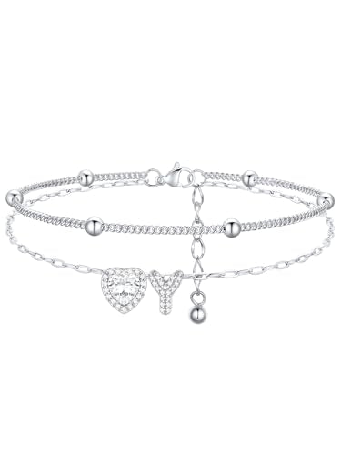 FindChic Silver/14K Gold Plated Layered CZ Initial Ankle Bracelet for Women | Waterproof Stainless Steel, Cubic Zirconia Letter Charm, Non-Tarnish, Hypoallergenic, Adjustable Extender, Summer Jewelry - color: Silver-CZ Heart, size: Y