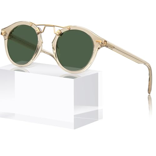 CARFIA Double Bridge Small Acetate Sunglasses for Women Polarized, Retro Metal Brow Ladies Sunnies Fashion Round Eyewears - color: 1. Clear Yellow Frame Green Lens
