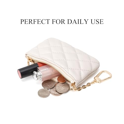Quilted Leather Coin Purse with Keychain - Small Coin Pouch Key Pouch Small Card Holder Keychain Wallet Change Purse for Women and Men (Creamy-white) - color: Creamy-white