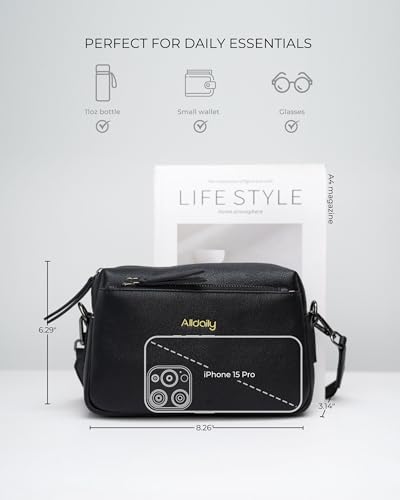 Alldaily Small Triple Zip Crossbody Purse for Women, Vegan Leather Phone Bag with Wide Shoulder Strap - color: Black
