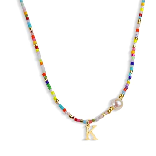 Colorful Pearl Beaded Initial Choker Necklaces for Women, Boho Handmade Personalized Seed Beads Letter Name Necklace Beach Surfer Bohemian Jewelry Gift - color: K