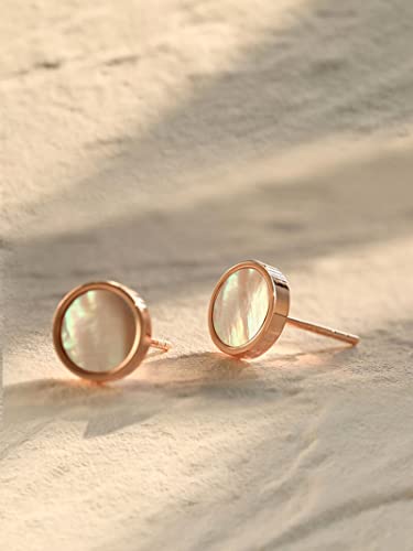 S.Leaf Gold Stud Earrings for Women Sterling Silver Gold plated Hypoallergenic Shell Mother of Pearl Post Earrings for Women Birthday Gifts - color: A03_Shell_7mm_Rose