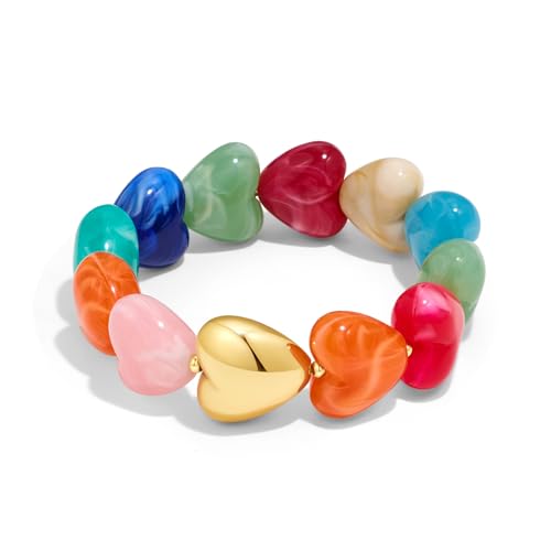 Multicolor Chunky Beaded Bracelet for Women Bold Acrylic Resin Stretch Bracelet Summer Beach Statement Bracelets Trendy Elastic Bangle Jewelry - color: Heart bracelet-colorful