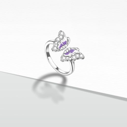 PARCOM Adjustable Women Stackable Ring, 925 Sterling Silver Open Rings - Trendy Eternity Cubic Zirconia Stackable Band Engagement Promise Ring for Her, Hypoallergenic Non Tarnish Nature Bird Floral Thumb Rings - color: Gradient Butterfly