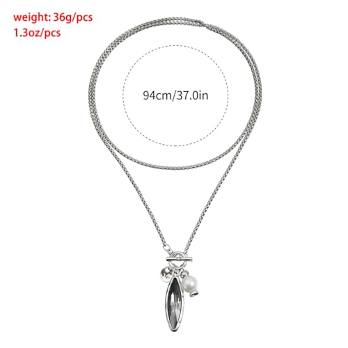 Unique Black Geometric Oval Rhinestone Pearl Pendant Necklace, Vintage Punk Long Leather Rope Choker for Women Trendy Silver Sweater Chain Jewelry Gift - color: Silver