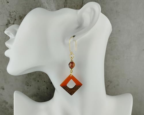 Orange Acrylic & Wood Geometric Earrings, Modern Boho Drop Earrings, Lightweight Statement Earrings, Gold Plated Nickel Free