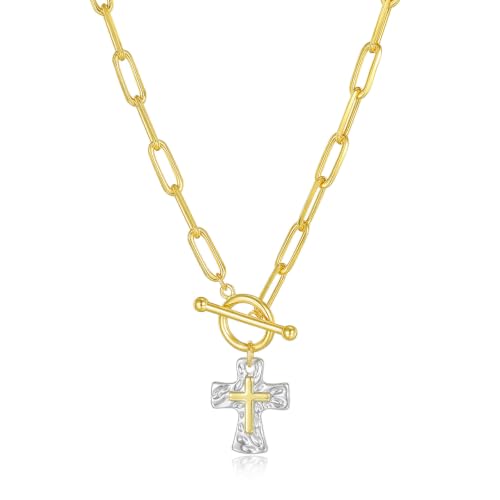 Chunky Cross Necklace for Women, 14K Gold/Silver Plated Statement Paperclip Chain Double Cross Pendant Necklaces Non Tarnish for Faith Religious Christian Jewelry Gifts - color: Silver