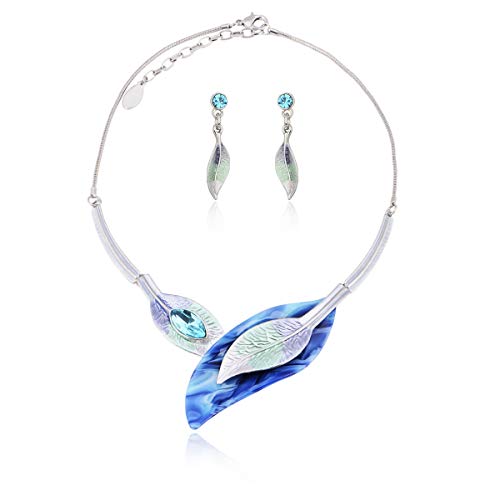 AMYJANE Vintage Statement Jewelry Set - Spring Leaf Flower Floral Plant Necklace Earring Set Crystal Rhinestone Fashion Costume Jewelry for Women Prom Party Unique Gift - style: 2 Leaves Jewelry Set Blue