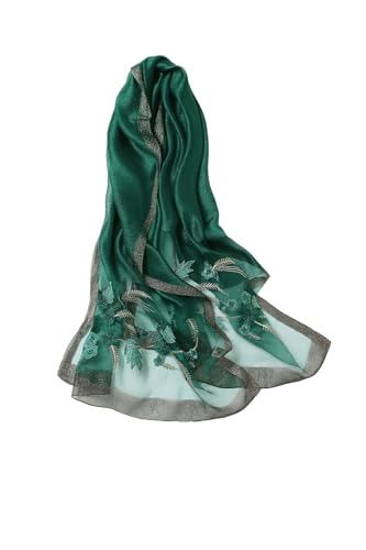 Jeelow Silk Blend Floral Fashion Scarf Shawl Wrap Lightweight Sheer For Women Floral Embroidery Wedding Party Prom - color: Green Sunflower