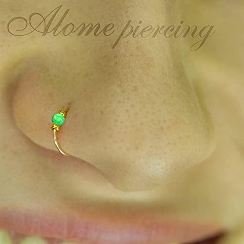 925 Sterling Silver & 14K Gold Filled Nose Ring Hoop Handmade Piercing Jewelry For Women - 24 Gauge 2mm,7mm Tiny Nose Ring with Opal - Gift Ready - color: Green Opal Gold