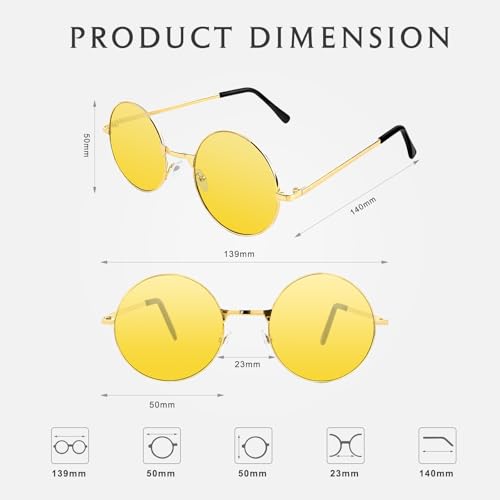 NACHLYNN Round Hippie Sunglasses Metal Border Circle Hippie Glasses UV380 Protection 70s Sunglasses for Men Women Party Favor - color: Yellow