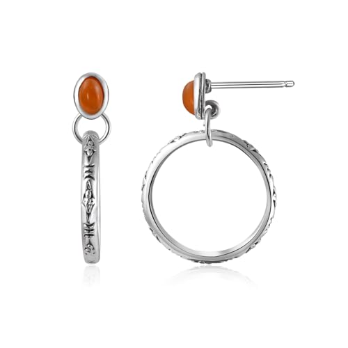 Natural Turquoise Gemstone Birthstone Stud Earrings with Circle Dangle Hoop Earrings Boho style for Vintage Western Jewelry - color: Silver and Brown
