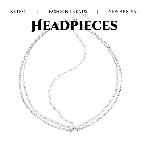Boho Pearl Head Chain Jewelry Crystal Headpieces Wedding Rhinestone Headband Hair Accessories for Women (Silver) - color: Silver