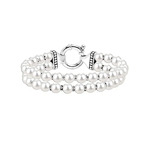 LeCalla Pearl Bracelets for Women in 925 Sterling Silver & 14K Gold-Plated Silver | Adjustable Pearl Bolo Bracelets | Handmade Sliding Chain Beaded Bracelet Jewelry Gifts for all Occasions - color: Two Strand Stretch Bracelet
