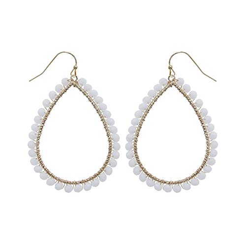 Bohemian Boho Teardrop Dangle Drop Earrings for Women – Delicate - Handcrafted Wire Wrapped Colorful Faceted Glass Beads – Gold Plated – with Gift Box Included - color: White Opal