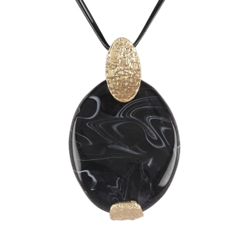 GelConnie Leather Necklace for Women Large Pendant Long Brown Necklace Circle Leather Choker Vintage Sweater Necklace Gold Chunky Boho Necklaces for Women - style: Black Large Gold Necklace