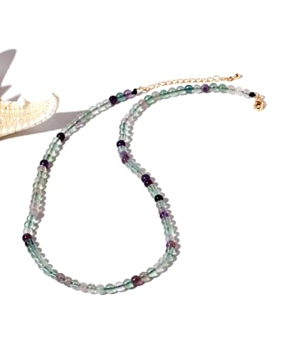 Simple Choker Necklace for Women Real Stone and Crystals Necklaces 4mm Beaded Choker Jewelry Meditation Gift for Women (16"+2") - style: Fluorite