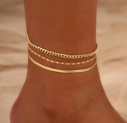 2/3 PCS Gold Anklets for Women Waterproof Cuban Link Anklet Beaded Bracelets Stackable Bracelets 14K Gold Plated Custom Jewelry Gifts Non Tarnish Lightweight - style: Gold Anklet 06