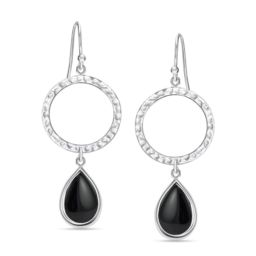 LeCalla 925 Sterling Silver Drop & Dangle Earrings for Women | Handmade Hammered Textured Drop Dangle Earring Jewelry | Women's Hammered Earrings Jewelry for Gift Mom Wife - color: Open Circle Black Onyx