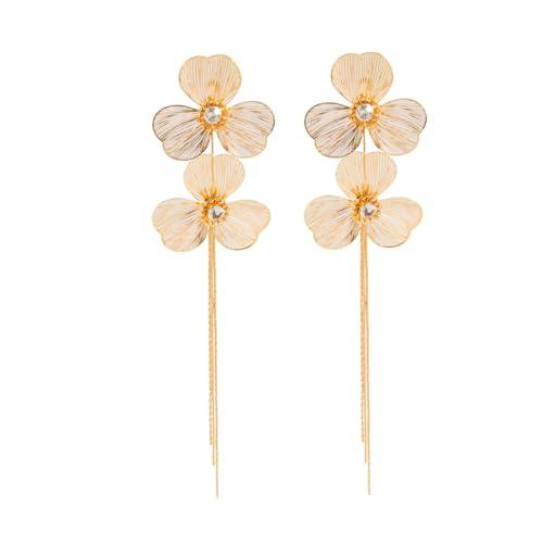 Boho Gold Flower Drop Dangle Earrings for Women Rhinestone Floral Leaf Chandelier Earring Layered Long Tassel Statement Floral Earring Prom Brides Wedding Party Fashion Jewelry Accessary - color: Gold