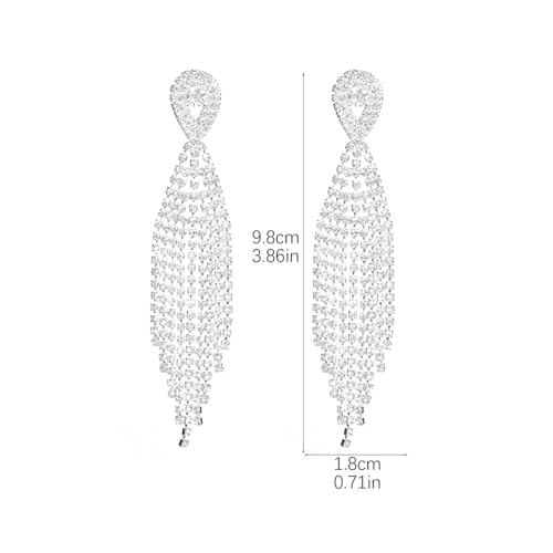 Rhinestone Tassel Earrings Sparkly Long Fringe Crystal Chandelier Dangle Drop Earrings Wedding Party Prom Earrings Premium Iridescent Earrings Wedding Party Jewelry Gifts for Women - color: Silver7