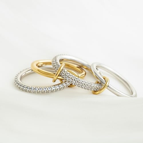 BKC Gold Stackable Rings for Women, 14k Gold Plated Chunky Statement Cubic Zirconia Rings, Silver Gold Multi Ring Interlocking Mixed Metals Stack Rings Set Non Tarnish - color: Whisper set, size: 9