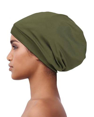 Satin Lined Beanie for Natural Hair Thin Beanie Hats for Girls Head Cover - color: Olive Green