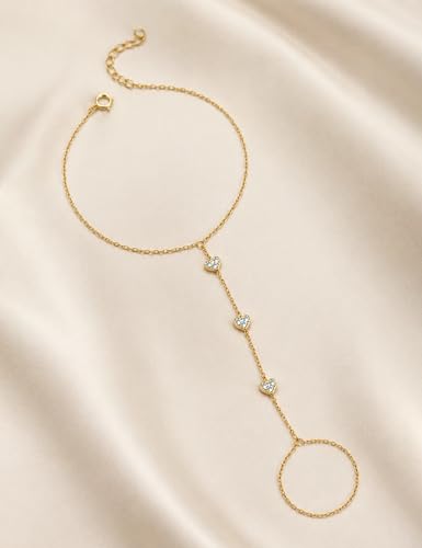 925 Sterling Silver Hand Chain Bracelet for Women,Non Tarnish 14k Gold Plated CZ Crystal Heart Starburst Ring Bracelets Hand Chain Dainty Diamond Layered Stackable Link Chain Beach Waterproof Graduation Wedding Gifts - color: GoldC