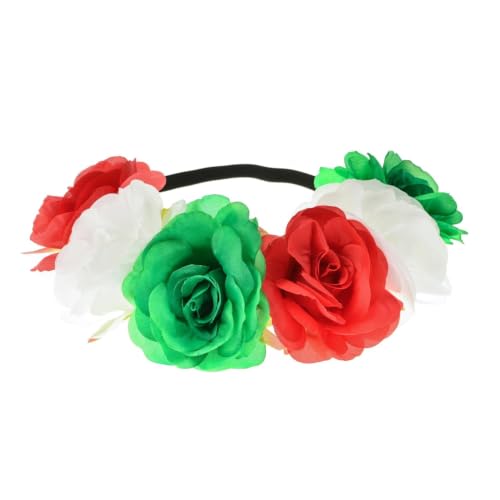 BOHO Floral Crown Rose Flower Headband Hair Wreath (Red White Green Elastic Ribbon) - color: Red White Green Elastic Ribbon